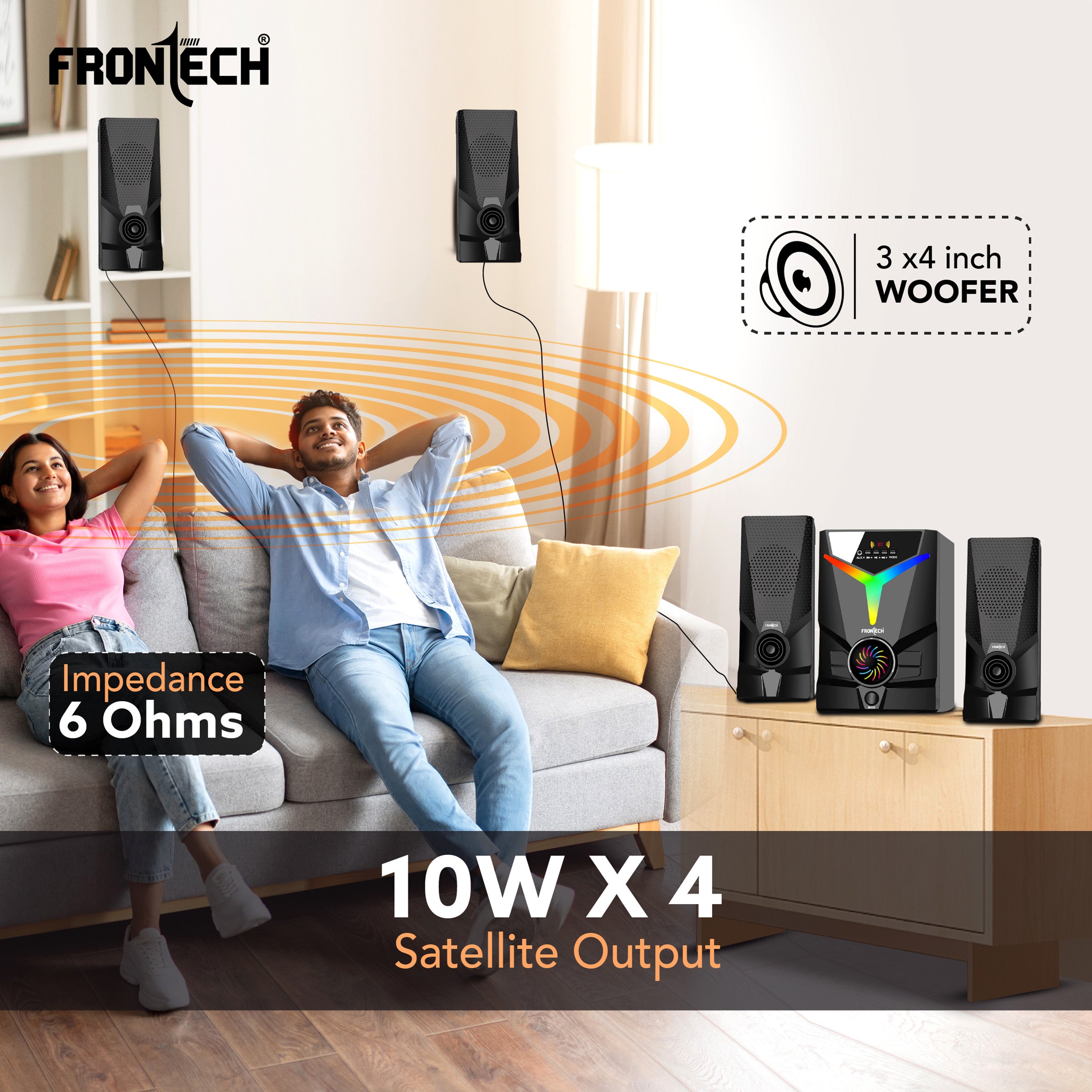 FRONTECH 60W Bluetooth 5.0 Multimedia Speaker| Powerful Bass | 4.1 Channel |Surround Sound System | USB | AUX | FM Radio | Wireless Remote Control for Home & Office (SW-0155) FRONTECH 60W Bluetooth 5.0 Multimedia Speaker| Powerful Bass | 4.1 Channel |Surround Sound System | USB | AUX | FM Radio | Wireless Remote Control for Home & Office (SW-0155)